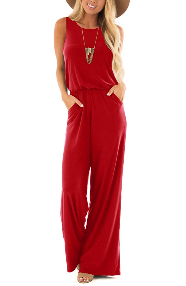 Lacozy Womens Jumpsuits Casual Summer Crew Neck Rompers Sleeveless Wide Leg Pants Jumpers with Pockets 2025 Clothes Red M