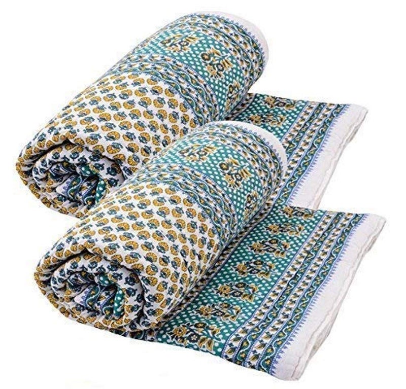 Hopee Shop 210 TC Jaipuri Floral Traditional Rajasthani Printed Single Bed Cotton QuiltRajaiRazaiBlanket Blue Green Yellow Set of 2  - Image 2