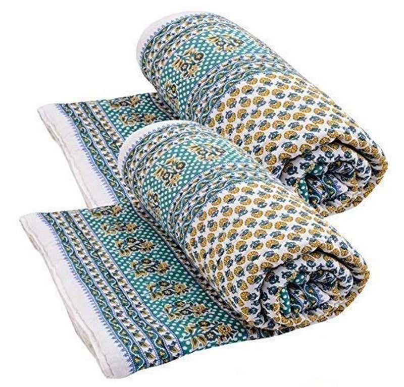 Hopee Shop 210 TC Jaipuri Floral Traditional Rajasthani Printed Single Bed Cotton QuiltRajaiRazaiBlanket Blue Green Yellow Set of 2  - Image 1