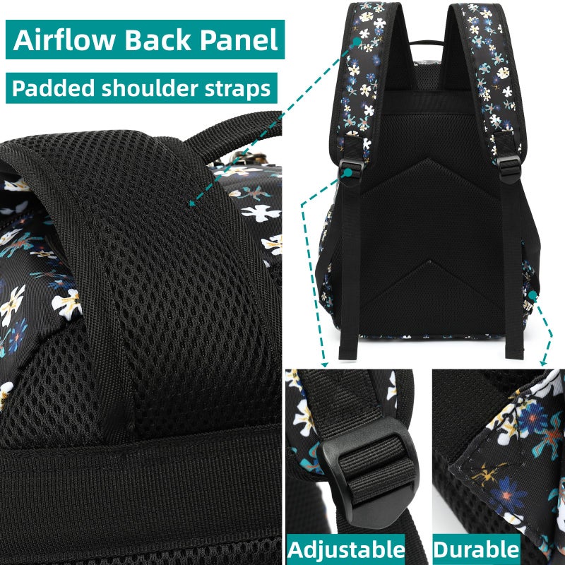 Leaper Laptop Backpack for Women: Cute Girls Backpack Floral for School College Travel Work - Lightweight Bookbag for Kids Teens - Aesthetic Back Pack Hiking Daypack for Teacher (Black-White Flower) - Image 5