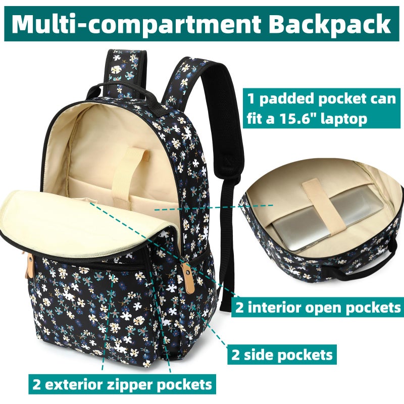 Leaper Laptop Backpack for Women: Cute Girls Backpack Floral for School College Travel Work - Lightweight Bookbag for Kids Teens - Aesthetic Back Pack Hiking Daypack for Teacher (Black-White Flower) - Image 3
