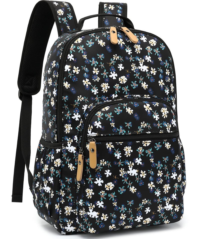 Leaper Laptop Backpack for Women: Cute Girls Backpack Floral for School College Travel Work - Lightweight Bookbag for Kids Teens - Aesthetic Back Pack Hiking Daypack for Teacher (Black-White Flower) - Image 1