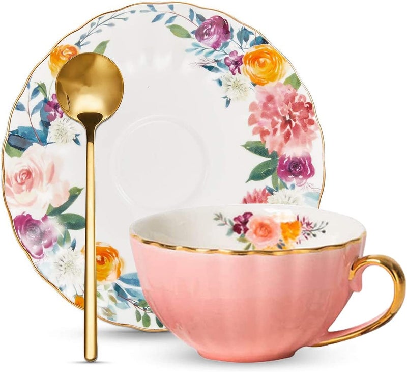 OneUstar Tea Cup and Saucer Set for 1 Bone China English Tea Cup with Spoon Floral Teacup 8 oz British Coffee Latte Mug for Mother's Day Gifts, Pink - Image 1