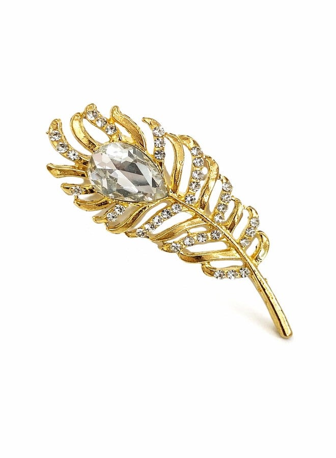 Fiable Collection Gold Feather Brooch for Men & Women with Crystal Stone - Elegant Lapel Pin for Suit, Blazer & Saree - Premium Metal Feather Pin for Wedding, Party & Formal Wear - Image 1