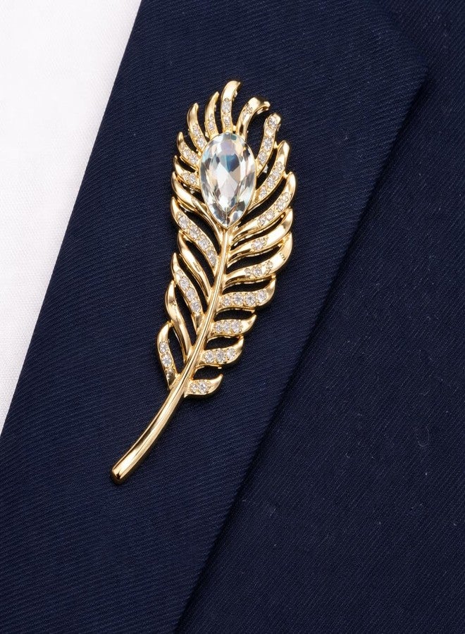 Fiable Collection Gold Feather Brooch for Men & Women with Crystal Stone - Elegant Lapel Pin for Suit, Blazer & Saree - Premium Metal Feather Pin for Wedding, Party & Formal Wear - Image 5