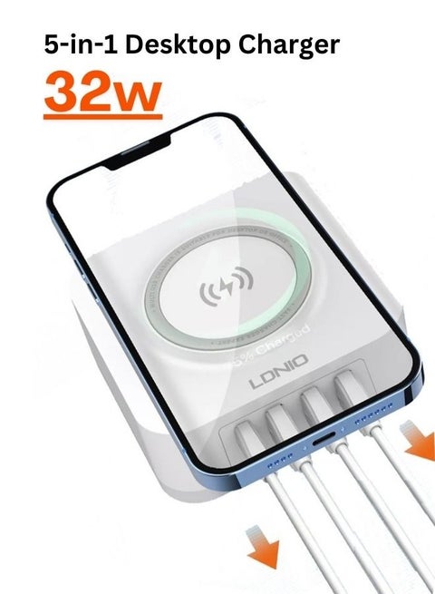 32W Wireless Charger, 5-in-1 Multi-Device Wireless Charging Station, 15W Max Qi-Certified Wireless Charger & 20W USB-C Port Fast Charger Compatible with iPhone, iPad, AirPods, Samsung, Tablet
