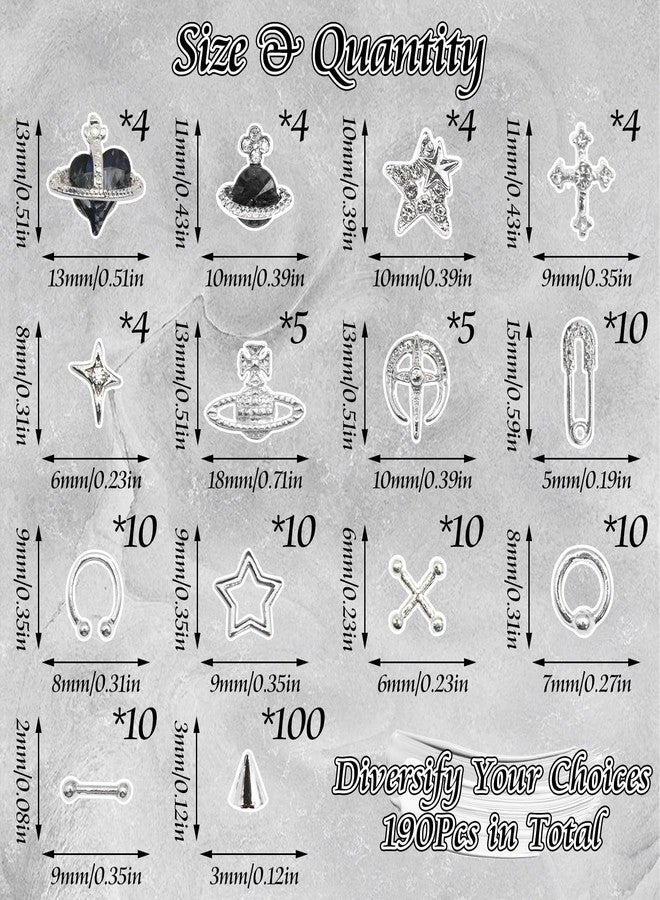 BELICEY 190PCS 3D Nail Charms - Silver Star Cross Planet Rivet Punk Cone Jewels for Acrylic Nails - Image 2