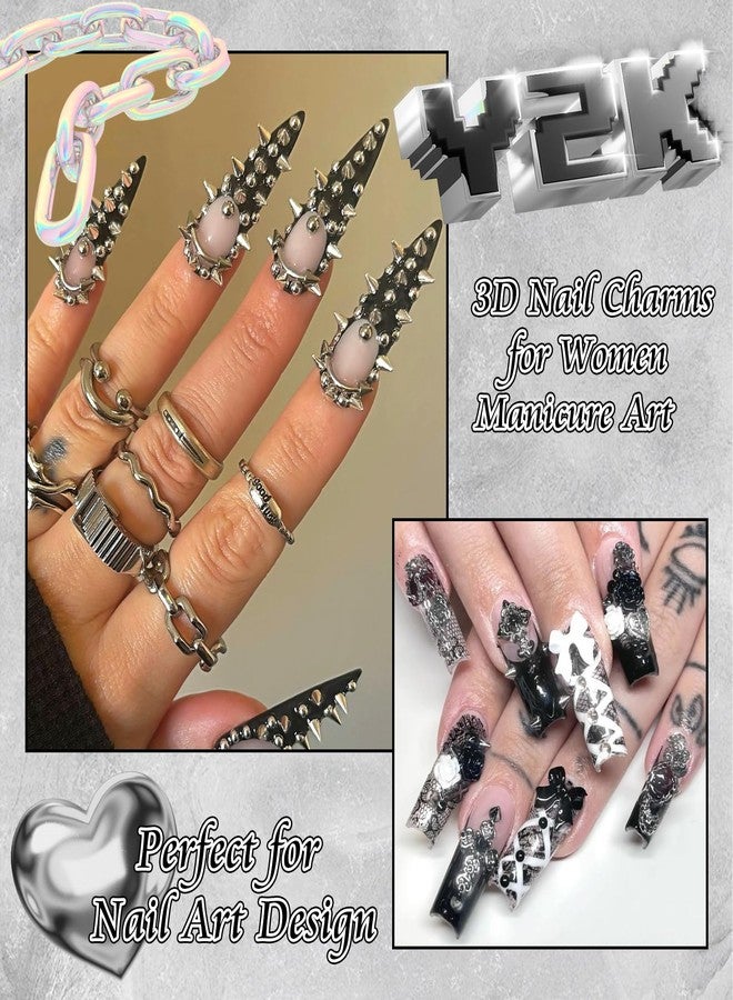 BELICEY 190PCS 3D Nail Charms - Silver Star Cross Planet Rivet Punk Cone Jewels for Acrylic Nails - Image 4