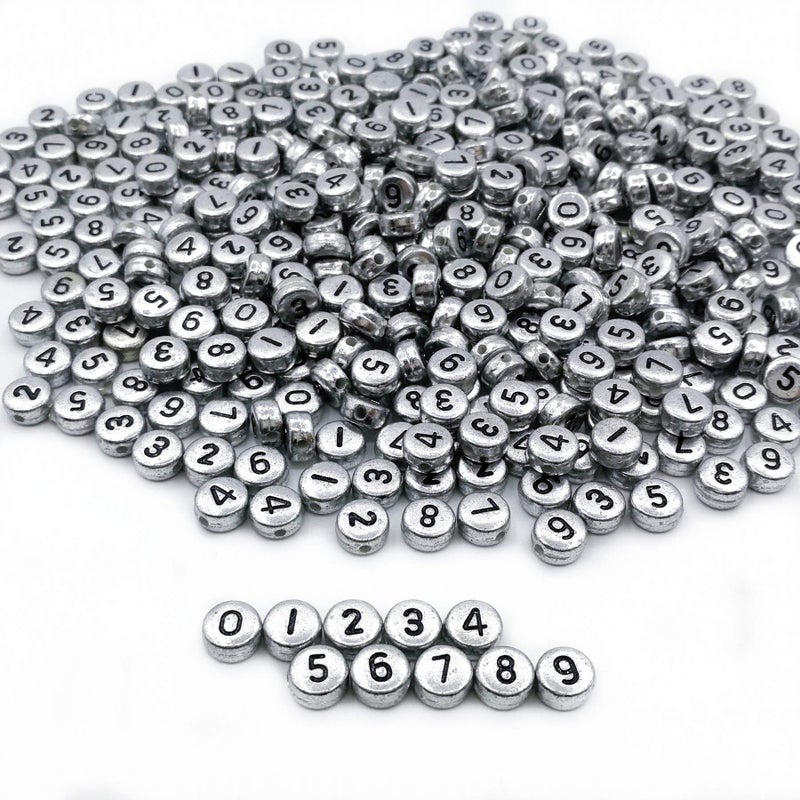 Amaney 500pcs Silver Acrylic Number Beads 7x4mm Mixed Number Beads Acrylic Plastic Round Shape Loose Beads