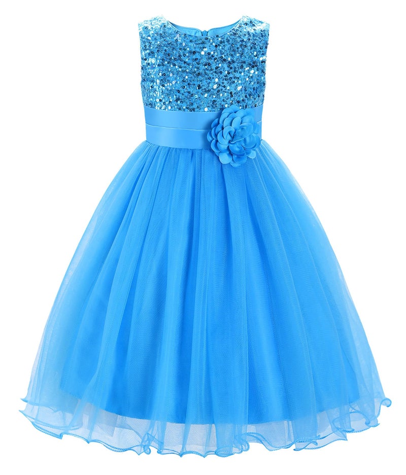JerrisApparel Little Girls Sequin Mesh Flower Ball Gown Party Dress Tulle Prom 7 Blue