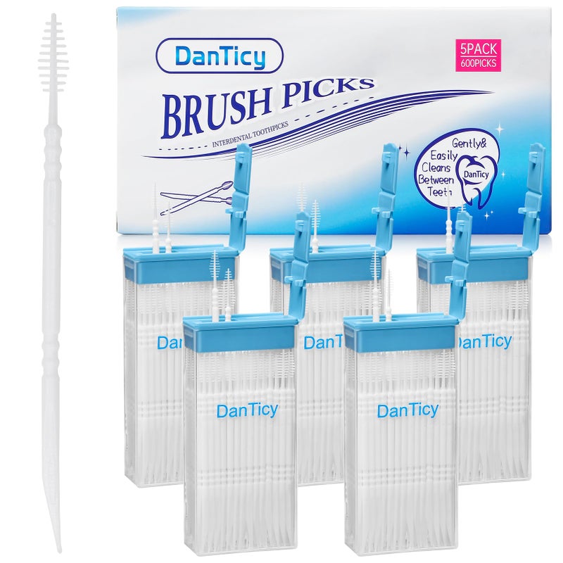 DanTicy Brushpicks Interdental ToothpicksSoft Bristle Dental Floss Picks ToothpicksHelps Removes Plaque and Debris Between Your Teeth 600PCS Pack of 5