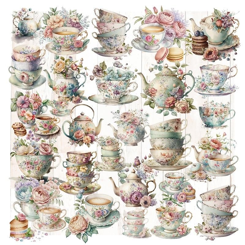 CATaireen Vintage Vellum Stickers Floral Plants Elements Scrapbooking Supplies Flowers Botanic Natural Translucent Paper SelfAdhesive JunkJournal Items Tea Cup - Image 1