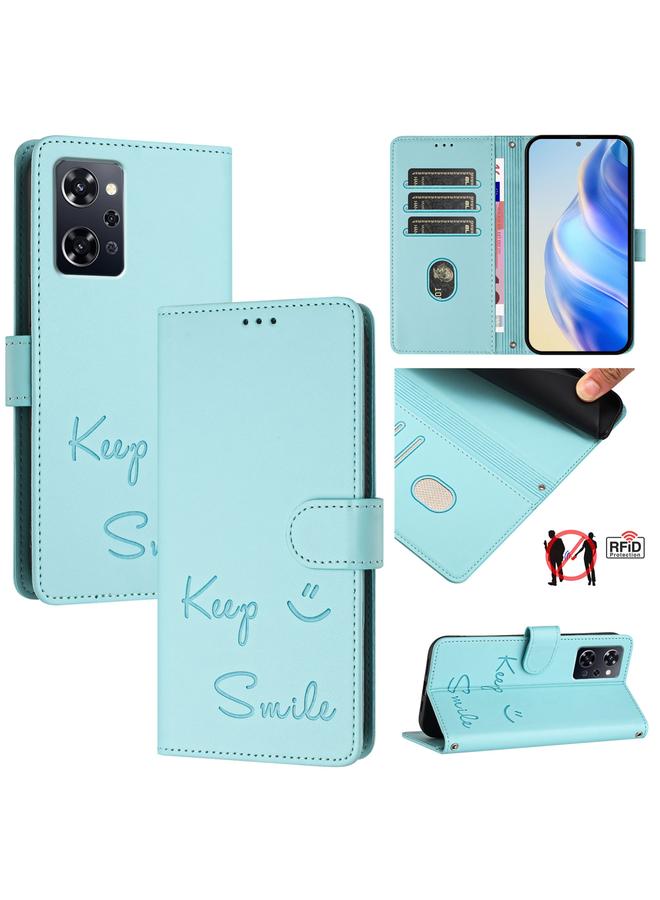 For OPPO Reno9 A Smile Embossing RFID Leather Phone Case(Mint Green)