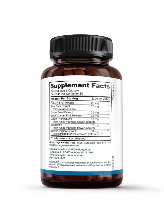Sunergetic Premium Eye Pressure Support Supplement - Eye Pressure Supplement with Saffron, Lutein, Zeaxanthin, Bilberry & Pine Bark - Supports Ocular Health & Overall Vision - 30 Count