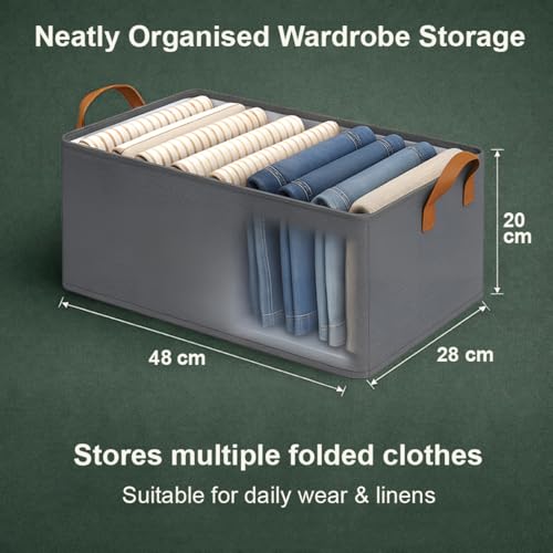 DALUCI 4 Pcs Wardrobe Organizer for Clothes – Foldable Fabric Storage Box with Metal Frame | Storage Basket for Almirah, Cupboard, Jeans & Sweaters (Grey) - Image 3
