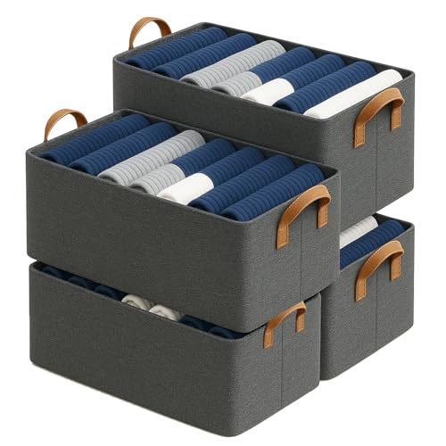 DALUCI 4 Pcs Wardrobe Organizer for Clothes – Foldable Fabric Storage Box with Metal Frame | Storage Basket for Almirah, Cupboard, Jeans & Sweaters (Grey) - Image 1