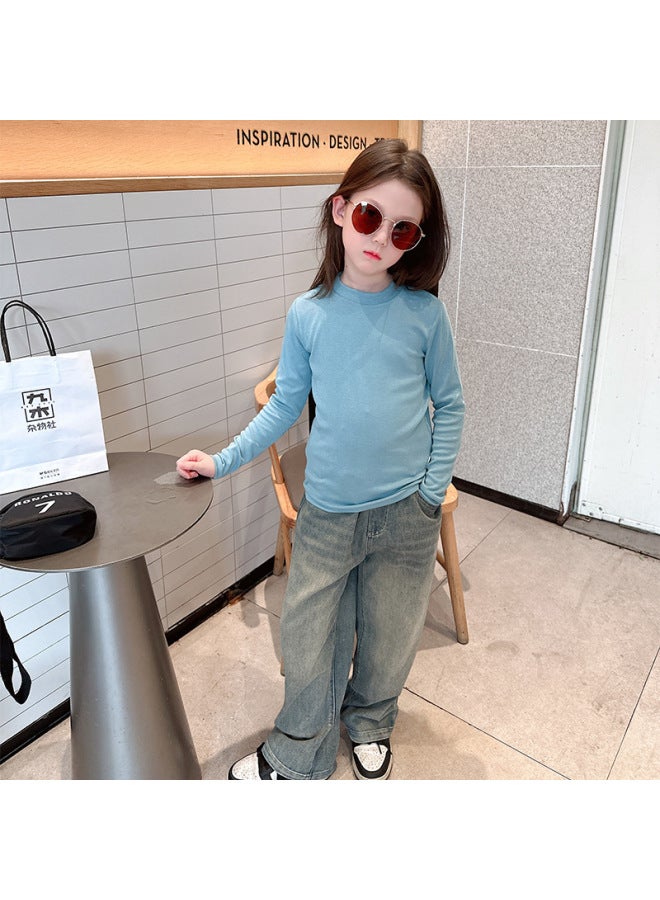 Customizable Autumn Winter Kids Solid Color Base Shirt, Teenagers Korean Style Long Sleeve Knitted Versatile T-shirt, Big Kids