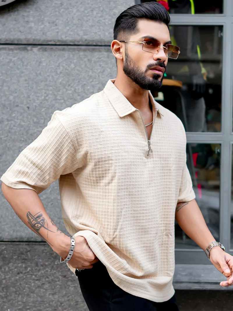 مانياك Maniac Mens Boxgrid Textured Polo Neck Half Sleeve Beige CottonBlend T-Shirt