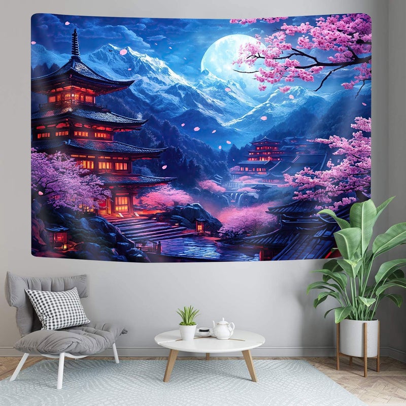 GOAOK Japanese Tapestry, Purple Cherry Blossom Floral Asian Chinese Oriental Tapestry Wall Haning, Cool Japan Anime Moon Night Mountains Abstract Ink Painting Tapestries for Bedroom Living Room 80"x60" - Image 3