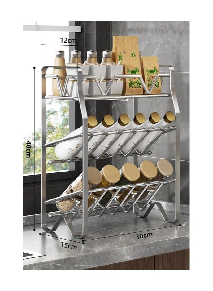 TYCOM Spice Rack Kitchen Shelf Organizer Countertop 3 Tier Large Standing Seasoning Rack for Storage Spice Kitchen Spice Organizer Spice Holder with Angled 3 Tier Silver. - Image 2