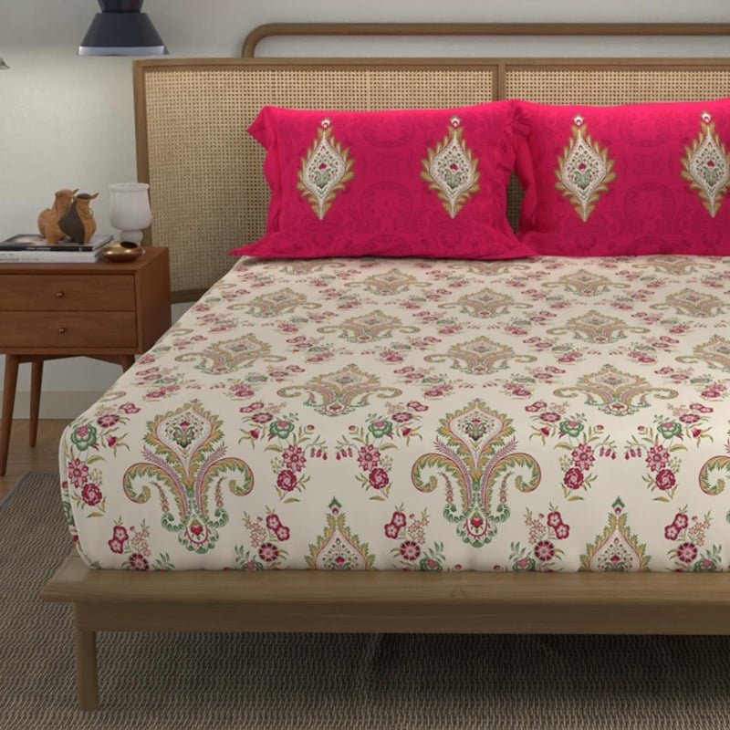 Urban Space Divine Collection 100 Cotton Double Bedsheet with 2 Pillow Covers Bedsheet 90 inch x 100 inch Motif Red