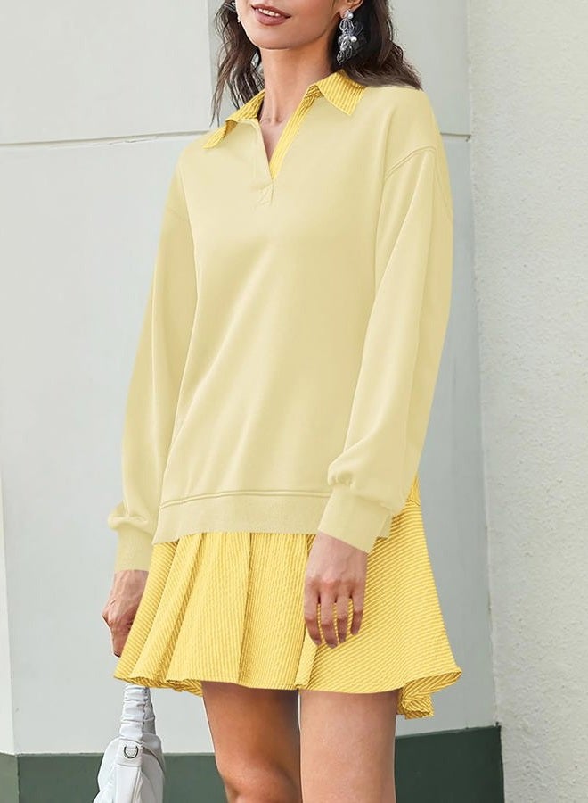 Wenrine Womens Oversized Sweatshirt Dress Casual Long Sleeve Collared V Neck Patchwork Loose Mini Dresses, Beige, XXL - Image 3