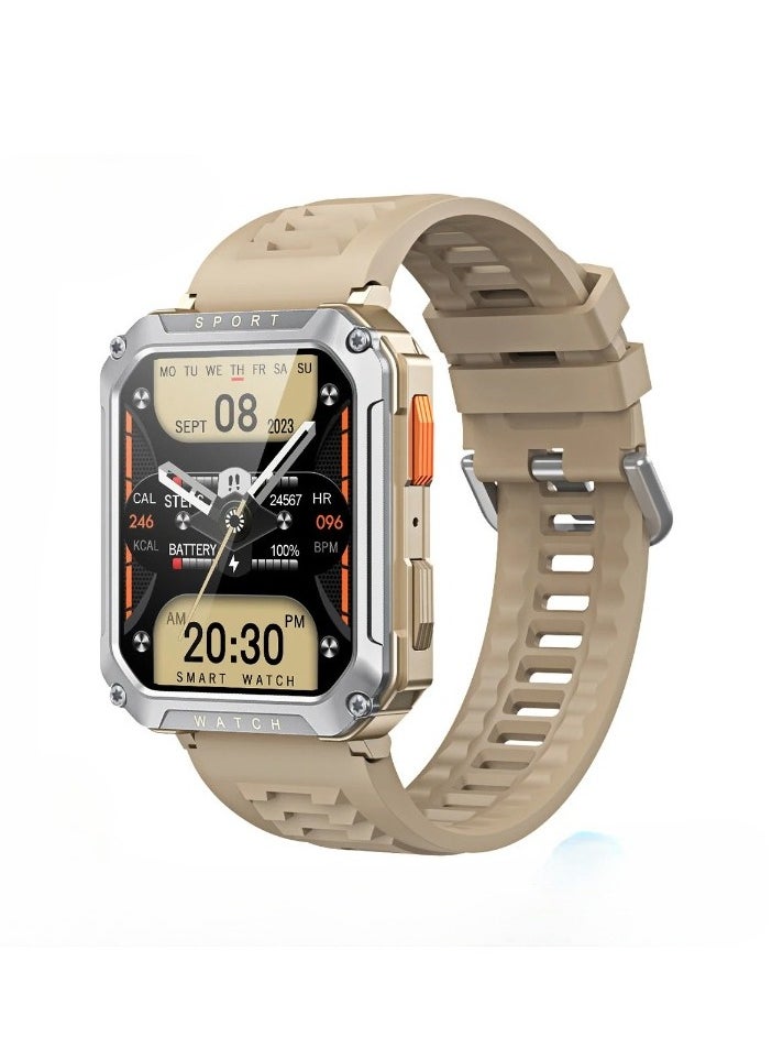 Military Smart Watch, 2.01" Large Display Fitness Tracker Watch, Waterproof Voice Assistant Smartwatch, Full Touch Screen Smart Wrist Watch With Multiple Sports Modes, (Silicone Khaki)
