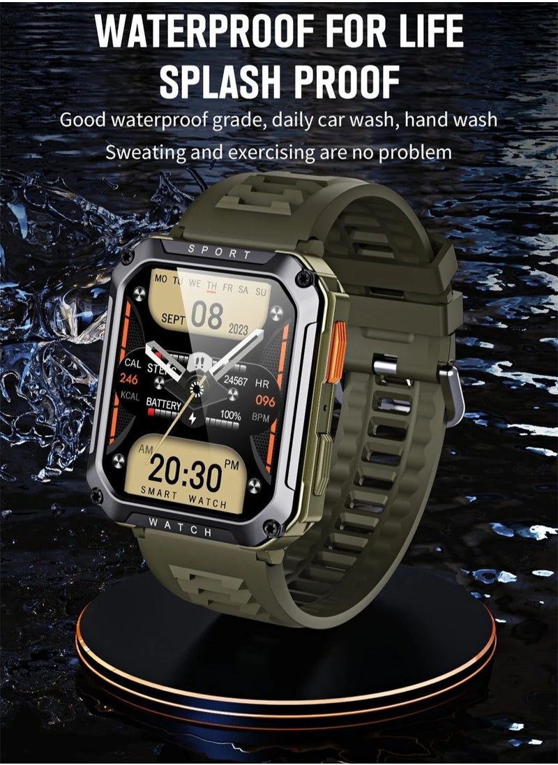 Military Smart Watch, 2.01" Large Display Fitness Tracker Watch, Waterproof Voice Assistant Smartwatch, Full Touch Screen Smart Wrist Watch With Multiple Sports Modes, (Silicone Khaki)