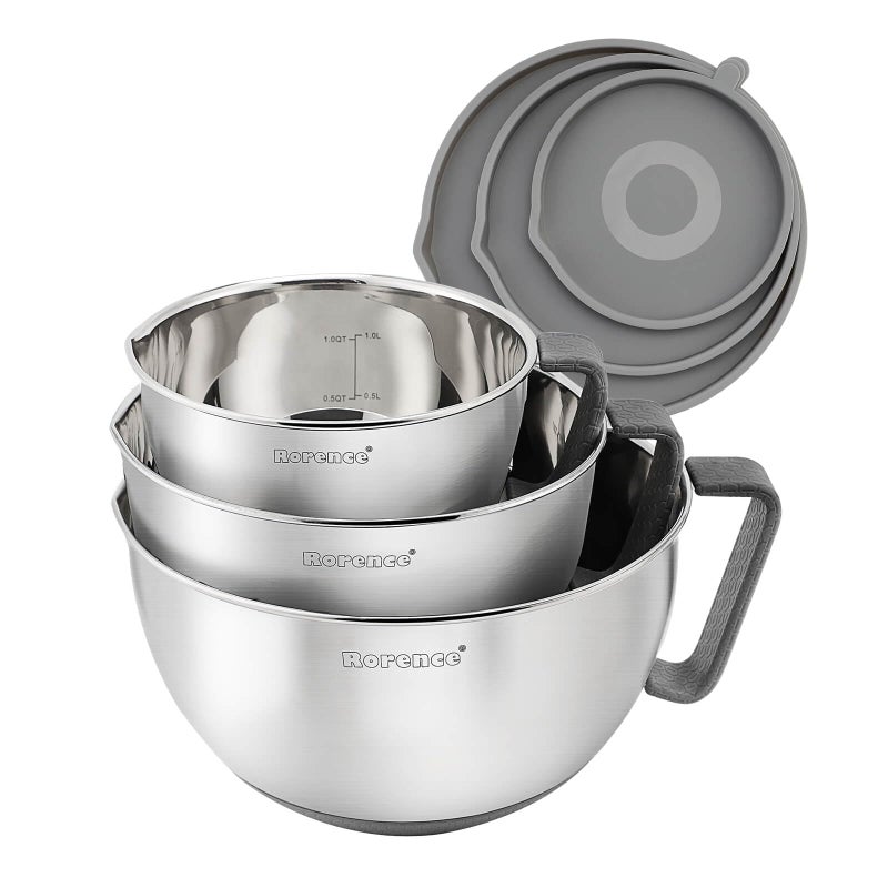 Rorence Mixing Bowls Set Stainless Steel NonSlip Bowls with Pour Spout Handle and Lid  Set of 3  Gray