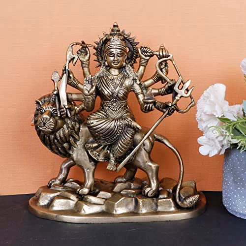 ARTVARKO Brass Maa Durga Idol Sitting On Lion Ma Sherwali Murti Vaishno Devi Statue for Home Mandir Office Living Room Shop Gift Navratra Puja 9 Inch - Image 1