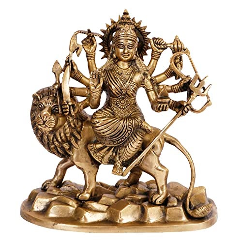 ARTVARKO Brass Maa Durga Idol Sitting On Lion Ma Sherwali Murti Vaishno Devi Statue for Home Mandir Office Living Room Shop Gift Navratra Puja 9 Inch - Image 2