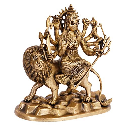 ARTVARKO Brass Maa Durga Idol Sitting On Lion Ma Sherwali Murti Vaishno Devi Statue for Home Mandir Office Living Room Shop Gift Navratra Puja 9 Inch - Image 3