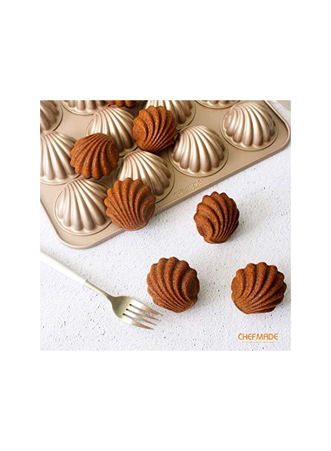 chefmade Madeleine Mold Cake Pan, 12-Cavity Non-Stick Spherical Shell Madeline Bakeware for Oven Baking (Champagne Gold) - Image 3