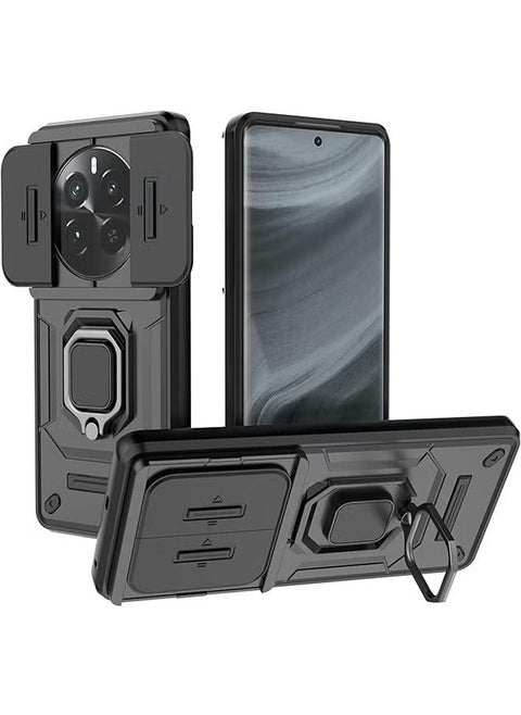 Realme 12 Pro 5G Case, Shockproof Case, Anti-Fall Drop Protection, Built-in Slide Anti-Scratch Camera Lens Cover, Integrated 360 Degree Rotating Ring Kickstand, Black