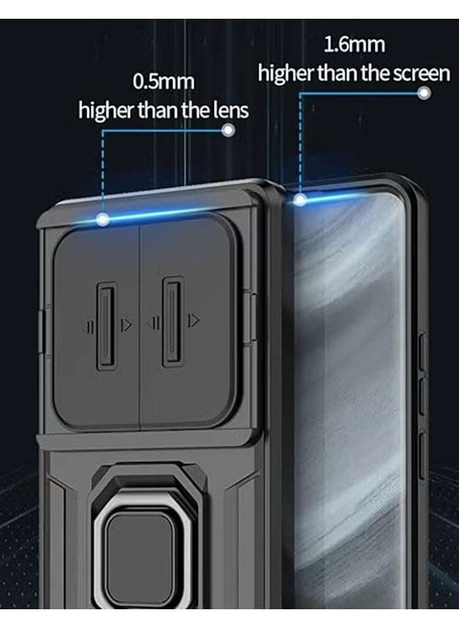 Realme 12 Pro 5G Case, Shockproof Case, Anti-Fall Drop Protection, Built-in Slide Anti-Scratch Camera Lens Cover, Integrated 360 Degree Rotating Ring Kickstand, Black