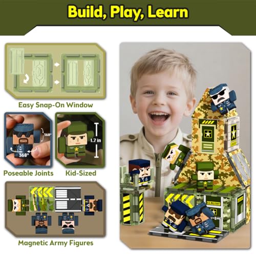 GobiDex 100PCS Army Magnetic Tiles Building Set for Kids STEM Military Magnetic Building Blocks with 6 Magnetic Army Men Educational Construction Toys Gift for Boys Girls 3 4 5 6 7 8 9 Year Old - Image 5