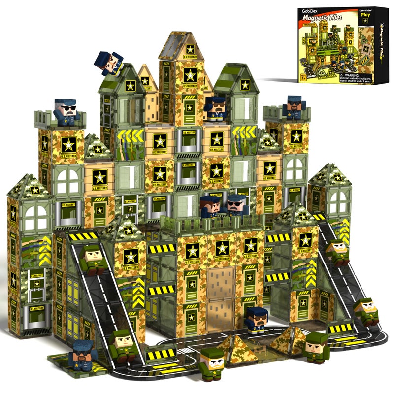 GobiDex 100PCS Army Magnetic Tiles Building Set for Kids STEM Military Magnetic Building Blocks with 6 Magnetic Army Men Educational Construction Toys Gift for Boys Girls 3 4 5 6 7 8 9 Year Old - Image 3