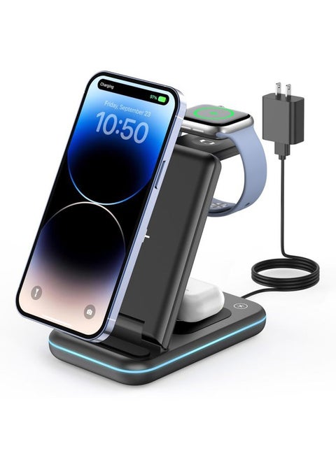 3 in 1 Wireless Charging Station, Foldable Wireless Charger Stand for Multiple Apple Devices for iPhone 16 15 14 13 12 11 Pro Max Plus X, Apple Watch Ultra/10/9/SE/8/7/6/5, AirPods Pro/4/3/2