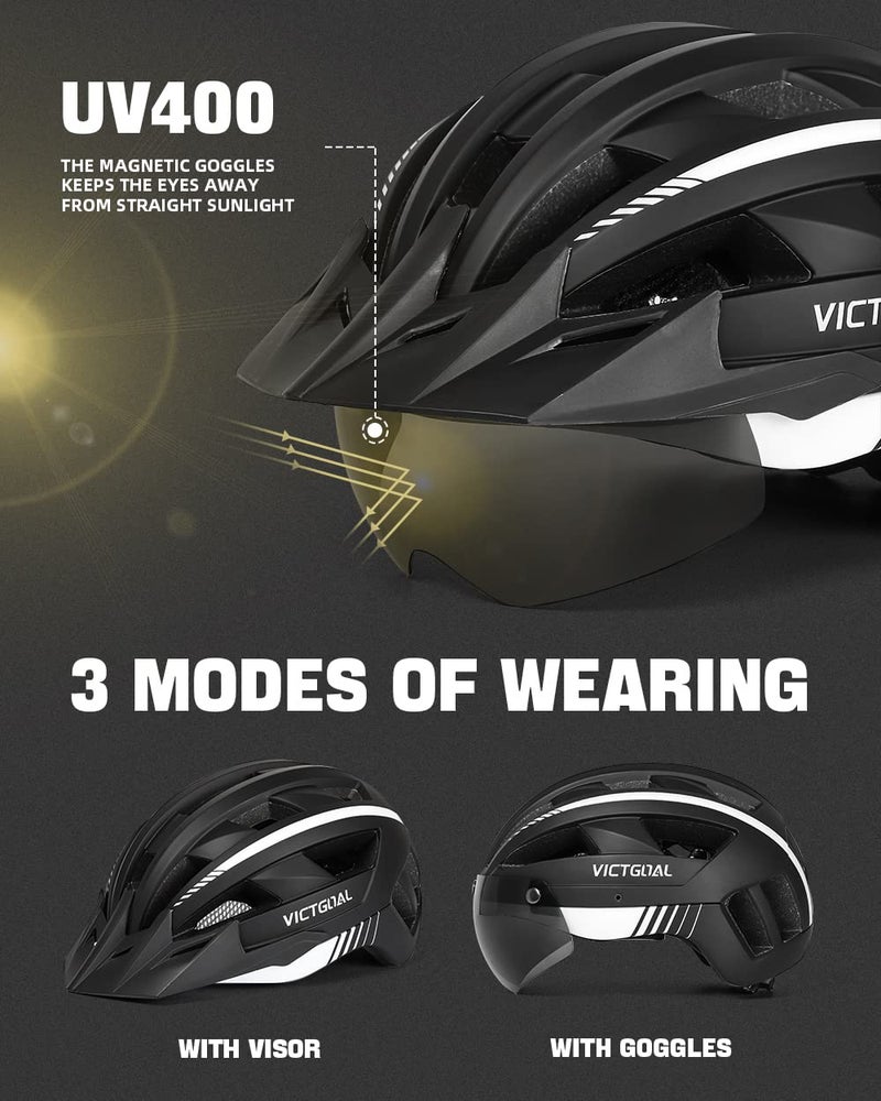 VICTGOAL Bike Helmet with USB Rechargeable Rear Light Detachable Magnetic Goggles Removable Sun Visor Mountain & Road Bicycle Helmets for Men Women Adult Cycling Helmets (L: 57-61 cm, Black White) - Image 2