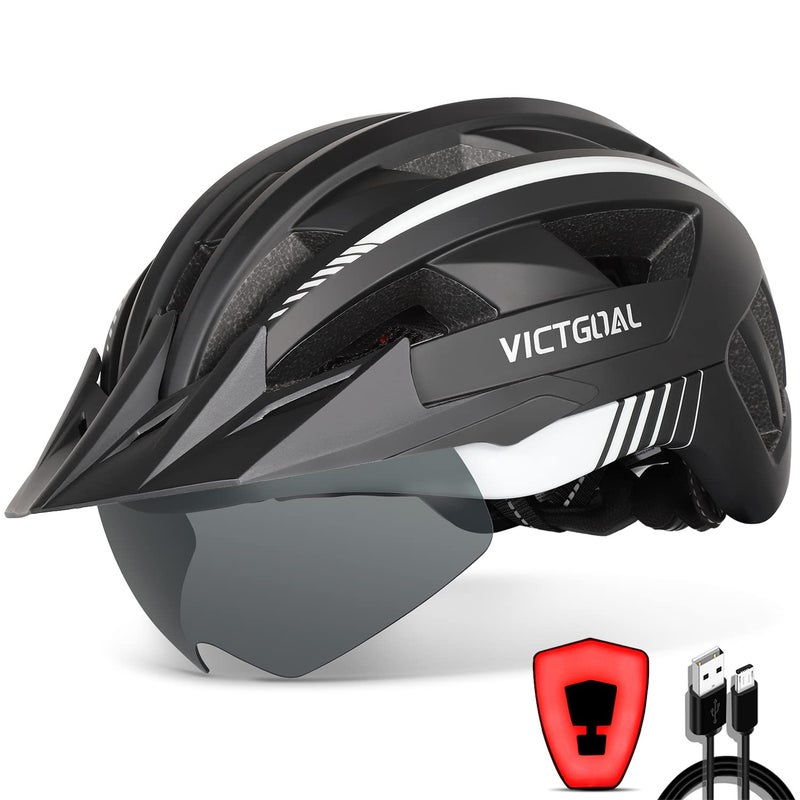 VICTGOAL Bike Helmet with USB Rechargeable Rear Light Detachable Magnetic Goggles Removable Sun Visor Mountain & Road Bicycle Helmets for Men Women Adult Cycling Helmets (L: 57-61 cm, Black White) - Image 1