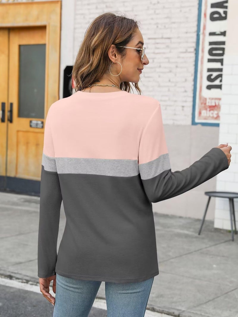 Minetom Women's Color Block Tunic Tops Casual Long Sleeve Shirts Round Neck Pullover - Image 4