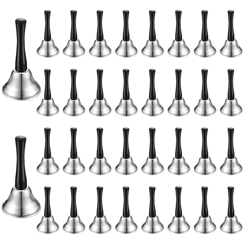 Kabcifea 34 Pieces Metal Hand Bell Bulk for AdultsKabcifea Silver Steel Small Hand Held Bells Dinner Call Service with Black Wooden Handle Care for School Church Adults Classroom Wedding Decorative