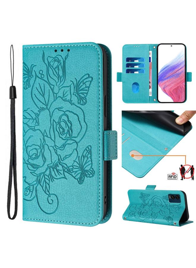 Green Tiger For BLU View Speed 5G B1550VL Embossed Rose RFID Anti-theft Leather Phone Case(Light Blue)