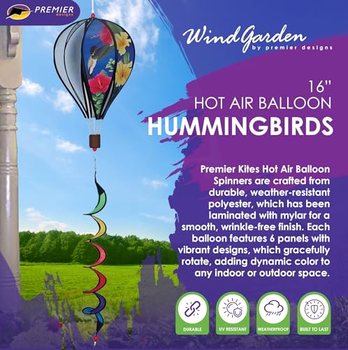 Premier Kites Hot Air Balloon Hanging Garden Spinner 16" - Vibrant Hummingbird Design, Weather-Resistant Outdoor Decor, Durable & Lightweight for Patios, Yards, and Gardens - Eye-Catching Wind Spinner - Image 2