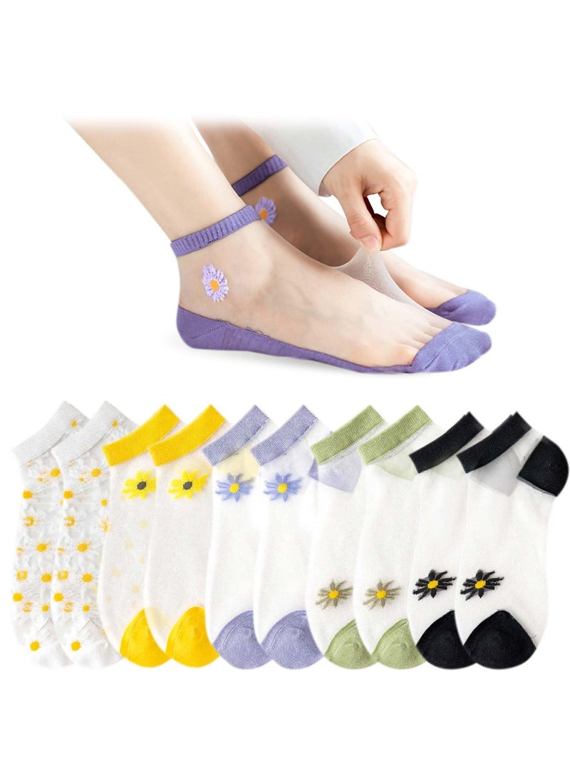KASTWAVE - 5 Pairs Translucent Socks - Sheer Breathable and Comfortable，Daisy Embroidery Pattern Women's No Show Ankle Socks for Indoor and Outdoor Wear - Image 1