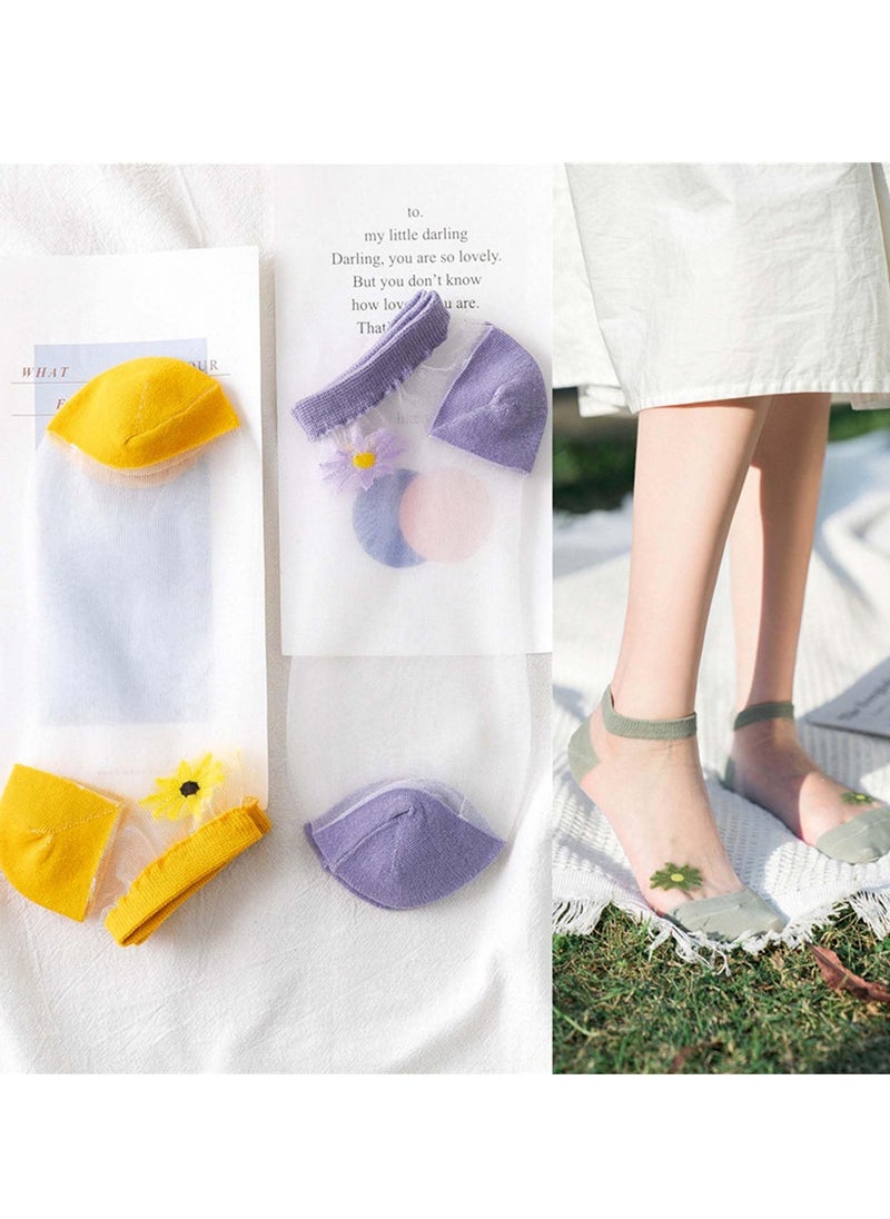 KASTWAVE - 5 Pairs Translucent Socks - Sheer Breathable and Comfortable，Daisy Embroidery Pattern Women's No Show Ankle Socks for Indoor and Outdoor Wear - Image 1