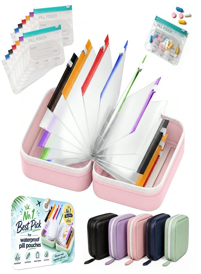 CGPVTSJ 14 Day Travel Pill Kit Personal Medicine Organizer Case Set A8 Waterproof Pill Pouch for Travel Small Portable Storage Binder Style with Bags Cute Medication Purse Zipper Pocket (Pink-14 Pouches - Image 1
