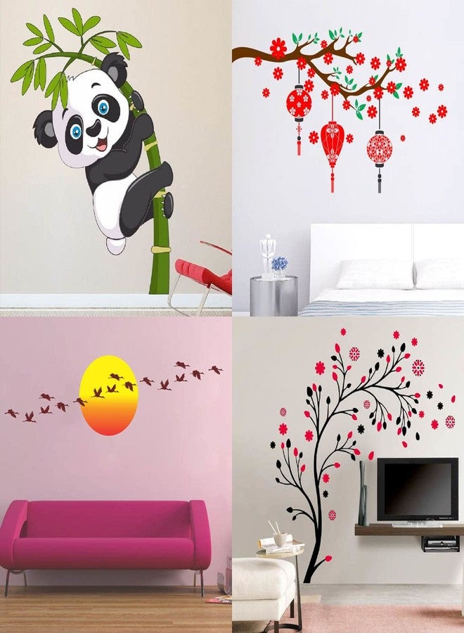 Merical PVC Vinyl Self-Adhesive Wall Stickers Combo Set of 4 for Home Decor | Baby Panda, Magical Tree, Red Flower & Lantern, Sunrise with Flying Bird | for Living Room, Hall, Bedroom & Kids Room - Image 1