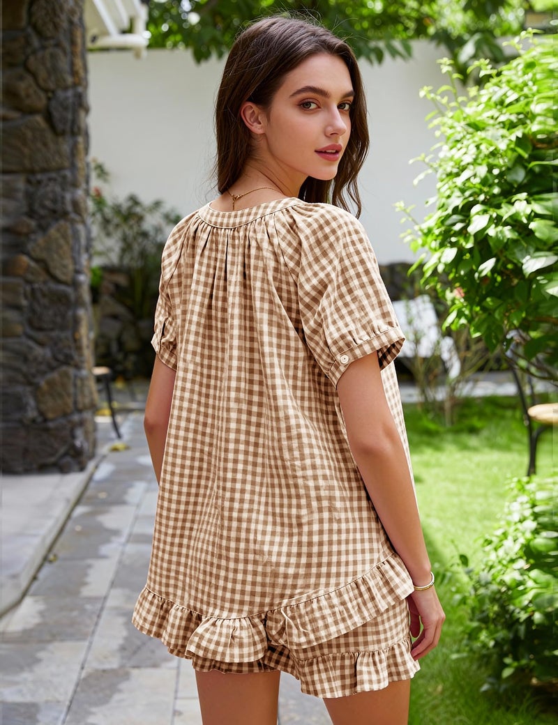 PEHMEA 2 Piece Gingham Pajama Sets for Women Summer Outfits 2026 Plaid Babydoll Shirt Ruffle Shorts Lounge Pjs(Brown-S) - Image 4