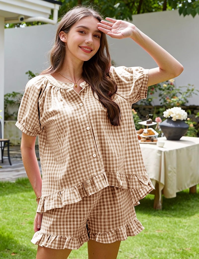 PEHMEA 2 Piece Gingham Pajama Sets for Women Summer Outfits 2026 Plaid Babydoll Shirt Ruffle Shorts Lounge Pjs(Brown-S) - Image 5